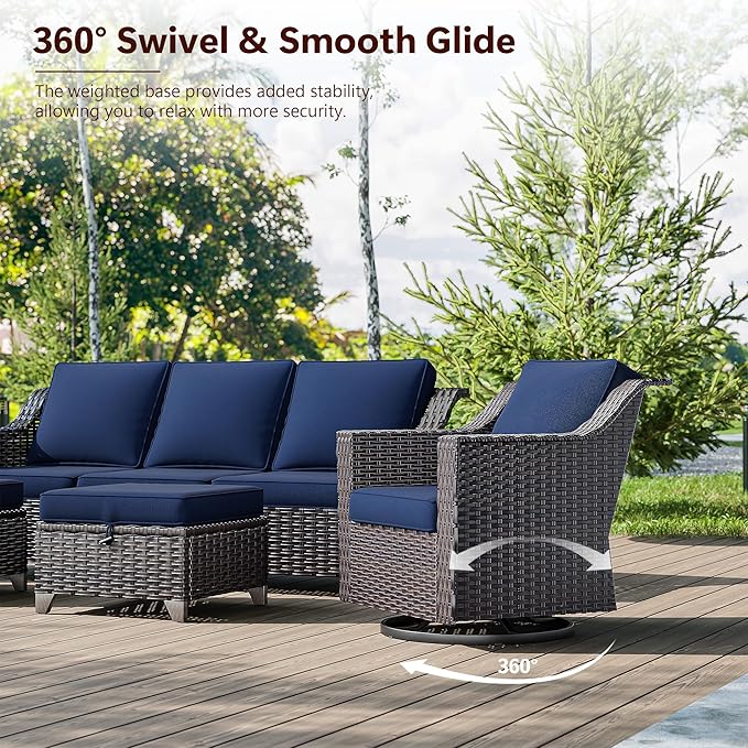 4 Pieces Wicker Patio Furniture, Luxury Outdoor Furniture with 2 Patio Swivel Chai and 2 Patio Ottoman, Wide Armrest, Thickened Cushions, Ideal for Deck, Porch Use
