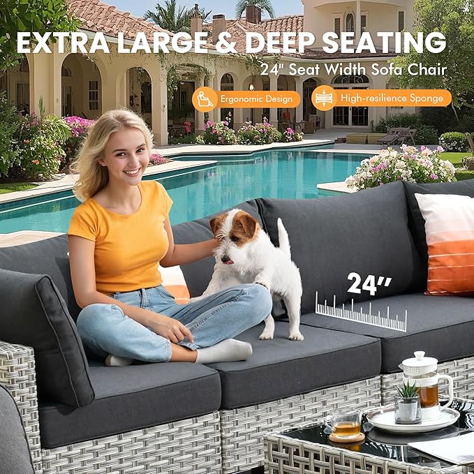 Outdoor Sectional Patio Furniture Set with Swivel Rocking Chairs,9 Pieces Wicker Conversation Sets L Shaped Couch Out Door Sofa Set Outside Furniture for Garden Deck Yard Porch,Black