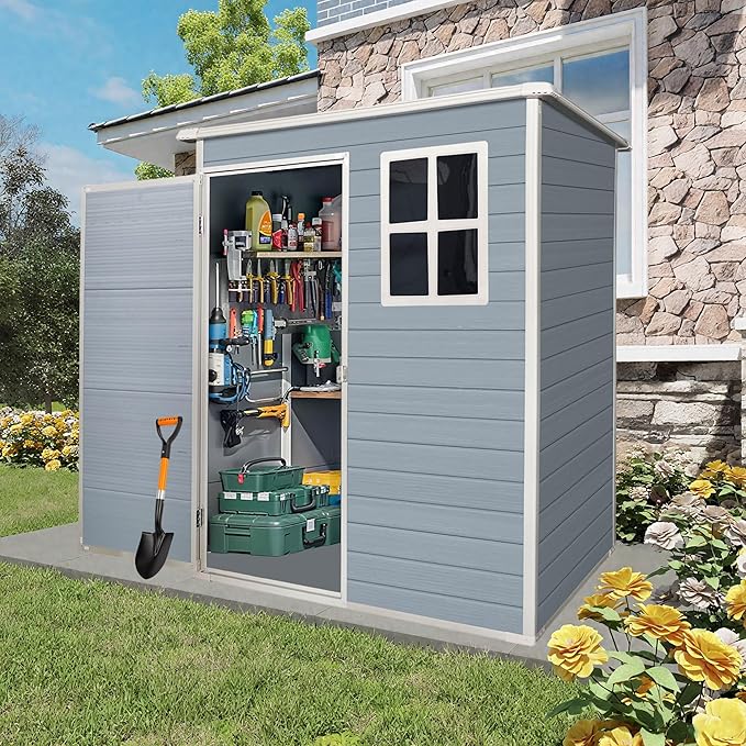Storage Shed 5x3 ft Outdoor Storage Shed with Floor, Lean to Resin Shed with Window, Lockable Door Plastic Tool Sheds, Waterproof Shed for Garden, Patio, Backyard, Yard, Lawn, Grey