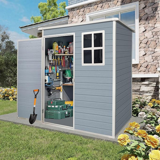 Storage Shed 5x3 ft Outdoor Storage Shed with Floor, Lean to Resin Shed with Window, Lockable Door Plastic Tool Sheds, Waterproof Shed for Garden, Patio, Backyard, Yard, Lawn, Grey