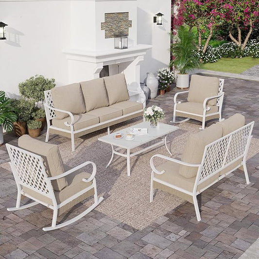 6 PCS Metal Outdoor Patio Furniture Set, Patio Conversations Sets 3-Seater Sofa, 2-Seater Sofa, 2 Rocking Chair with 5.75" Thick Cushion & Coffee Table White Backyard Furniture, Beige