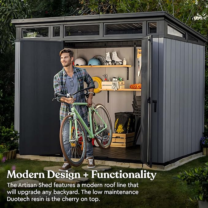9x7 Ft All-Weather Storage Shed with Skylight,Window,Built-in Ventilation,Walls, & Lockable Double Doors for Patio Furniture Lawn Mower Tools and Bike Storage Lockable