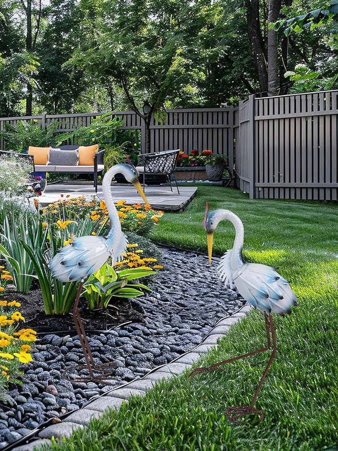 YEAHOME Garden Decor Outdoor Statues, 22"/20" Large Metal Heron Standing Yard Art, Blue Crane Lawn Sculptures Garden Decor for Outside Patio Porch Backyard, Set of 2