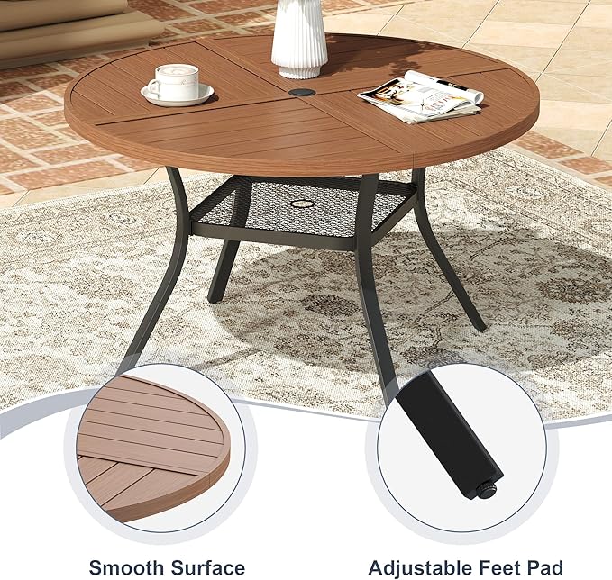 VICLLAX Round Patio Dining Table, 4 Person Metal Outdoor Dining Table with Umbrella Hole and Storage Shelf for Garden Lawn Deck, 40.6" Walnut