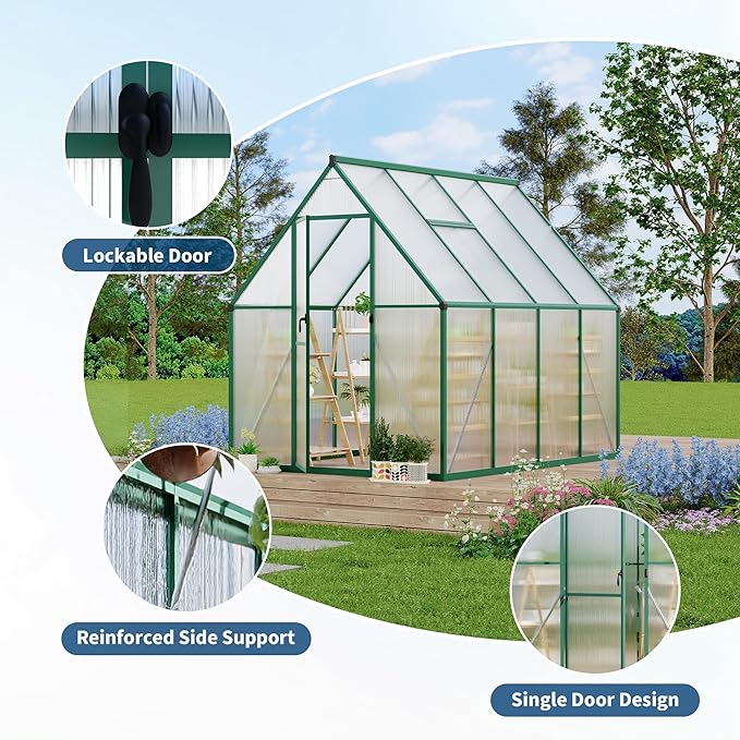 Polycarbonate Greenhouse for Outdoors, Large Walk-InGreenhouse with Quick Setup Structure and Roof Vent, Greenhouse with Ventilation