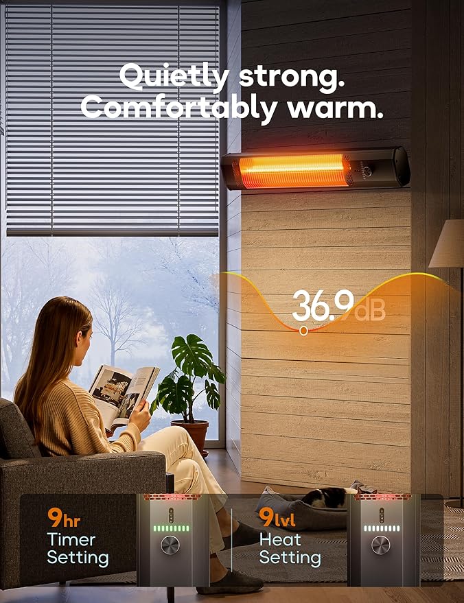 Patio Heater for Outdoor Use, 34.2" Electric Overhead Heaters, 1500W, Wall Mount Infrared Heater, 9 Levels Heating with Remote, 9H Timers, IPX5 Waterproof, Garage, Restaurant Backyard, Black