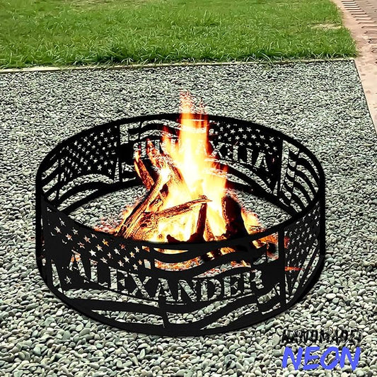 Personalized Fire Pit Ring American Flags US USA Flag Metal Custom Name 360 Degree Campfire Ring Stove Outdoor BBQs Backyard Camping Garden Decor Gifts Father's Day Camper Veteran