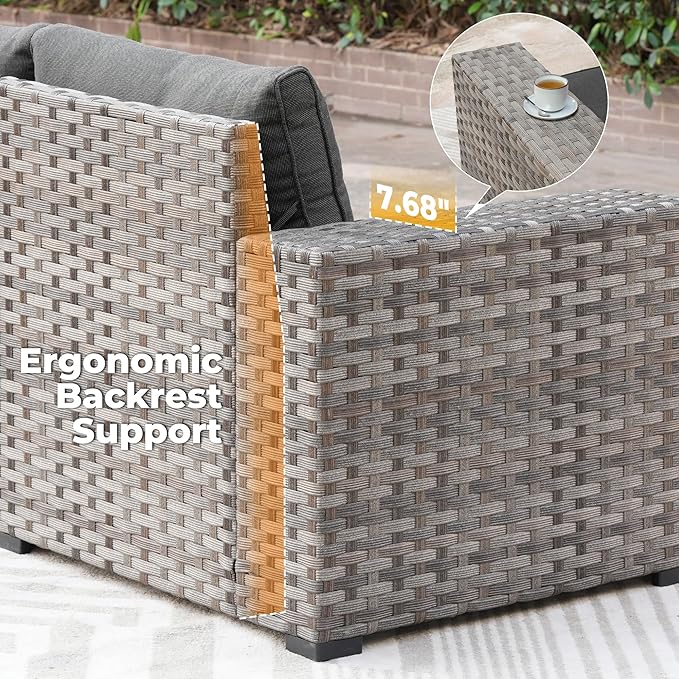 ovios 9 Pieces Patio Furniture Set, Outdoor Wicker Sectional Sofa with 42" Firepit Table Swivel Chair, Modern Modular Deep Seat Rattan Couch Conversation Sets, Black