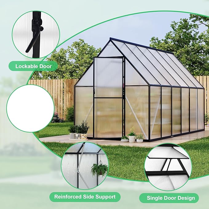 Polycarbonate Greenhouse for Outdoors, Large Walk-InGreenhouse with Quick Setup Structure and Roof Vent, Greenhouse with Ventilation
