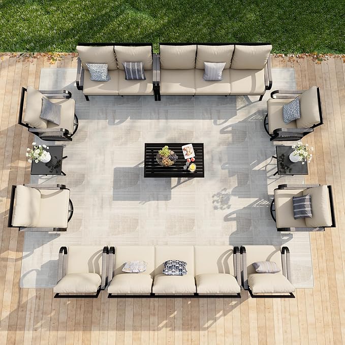 12-Piece Outdoor Patio Conversation Sets, Rope Outdoor Furniture Set Metal 2 Three-Seater Couch, 4 Swivel Rockers with 2 Side Tables, Loveseat Sofa Single Chairs with Coffee Table, Beige