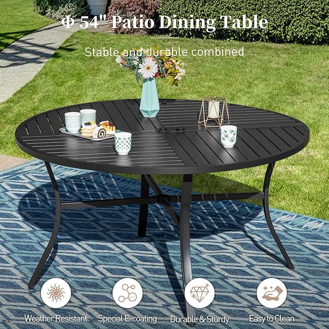 SUNSHINE VALLEY 54" Patio Dining Table for 6, Round Patio Table with Umbrella Hole,E-Coating and Powder Coating Steel Frame Metal Outdoor Patio Table for Garden Backyard Lawn Yard