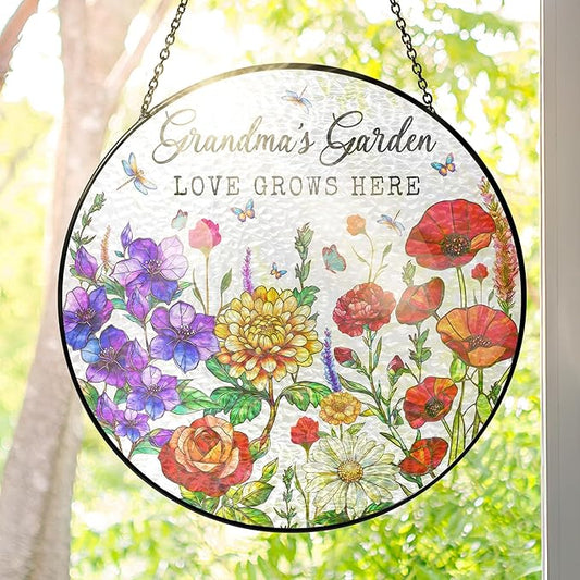 FLAGWIX Grandma Birthday Gifts - Grandmas Garden Stained Glass Window Hanging with Base 10 in - Birthday Gift for Grandma, Grandparents Day Gifts for Nana Gigi, Sun Catchers Indoor Window