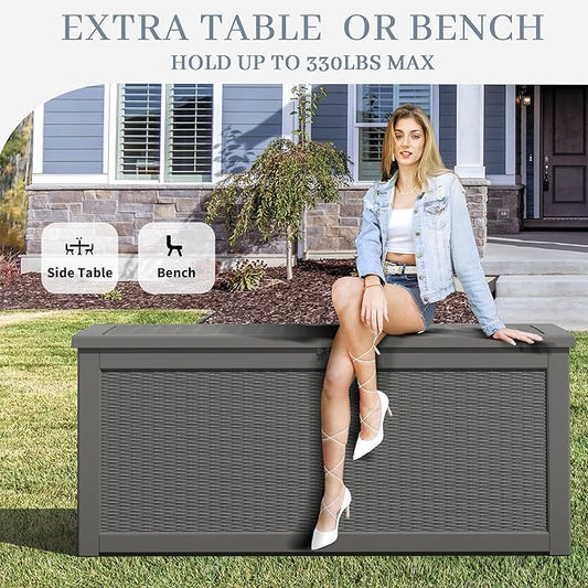 NUNU LAB 300 Gallon Outdoor Storage Box,Resin Large Sturdy Deck Box, Backyard Outside Storage Box Waterproof with Double Wall Panels,Package Delivery Garden Outdoor Hose Storage Bin