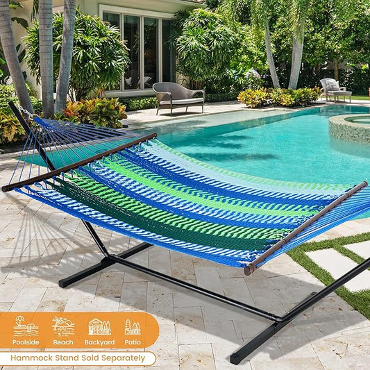 Lazy Daze Hammocks 10.5 FT Double 2 Person Caribbean Rope Hammock, Hand Woven Polyester Hammock with Spreader Bars, for Outside Outdoor Backyard Patio Poolside, 450 LBS Capacity, Blue/Green
