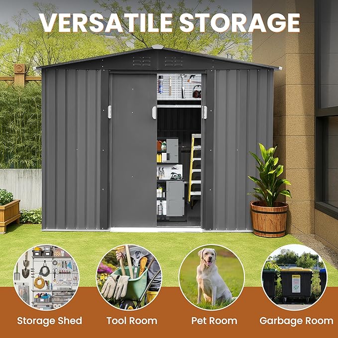 8x6 FT Outdoor Metal Storage Shed with Lockable Garden Shed Steel Anti-Corrosion Storage House with Sliding Lockable Door for Backyard Outdoor Patio, Light Gray