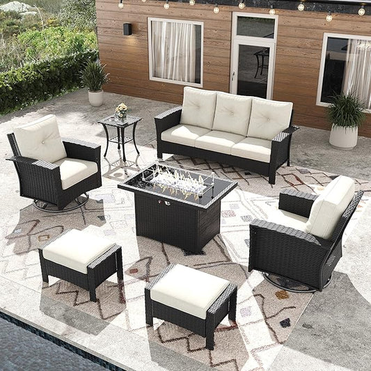 7 Pieces Outdoor Patio Furniture Set with Fire Pit Table, Wicker Patio Sectional Set Conversation Wicker Swivel Chairs with Small Side Table