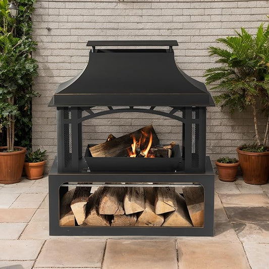 GDFStudio 40" Outdoor Wood Burning Fireplace, 50000 BTU Steel Chimney Fire Pit with Spark Screen & Log Storage for Patio Garden Backyard Deck, Matte Black