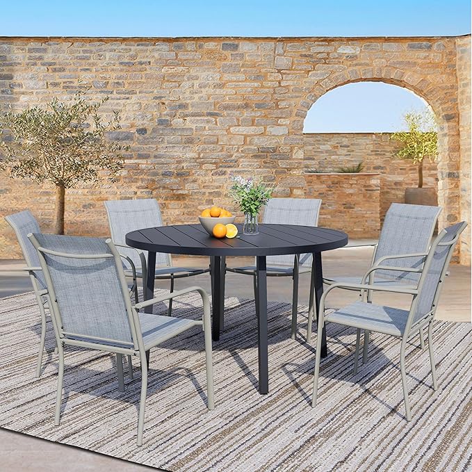 7 Pieces Patio Dining Set for 6, Beige Blue Patio Stackable Chairs and Black Round Table Set of 6, Outdoor Furniture Set with Sling Support for Outside, Garden