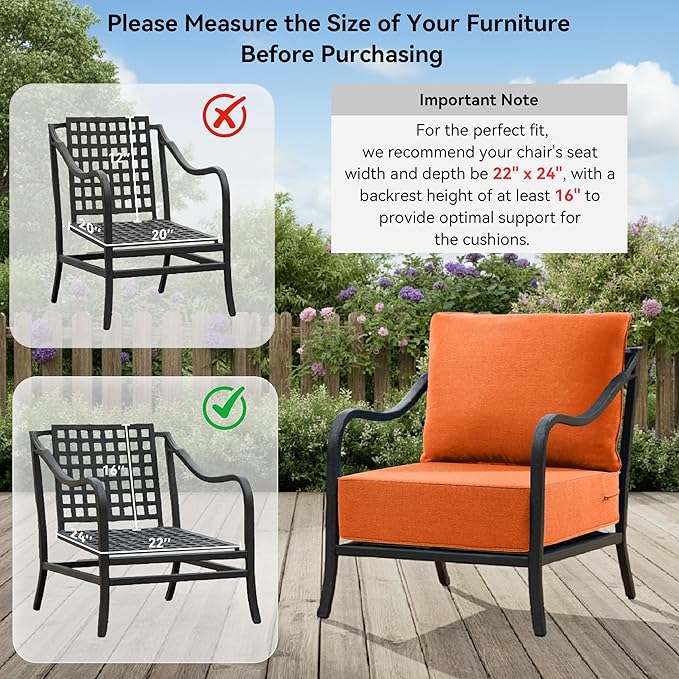 6" Thick Outdoor Cushions 22x24x6, 2-Set Deep Seat Patio Cushions with Removable Cover, Waterproof & Fade Resistant Replacement for Wicker Chair, Loveseat, Sofa - Orange