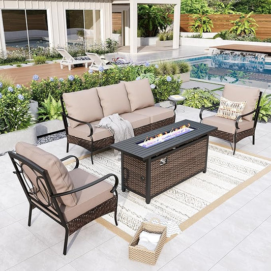 GREEN PARTY Extra Large Outdoor Patio Furniture Set with 56" Fire Pit Table 4 Pieces for 5, Modern Metal Patio Conversation Sets with High Back 3-Seat Sofa, 2 Fixed Chairs, 1 Fire Pit Table
