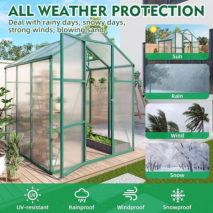 KEIKI Walk-in 6x6 FT Polycarbonate Greenhouse, Aluminum Frame Outdoor Greenhouse with Roof Vent, Anchor Base & UV-Blocking Panels for Backyard Gardening, Green