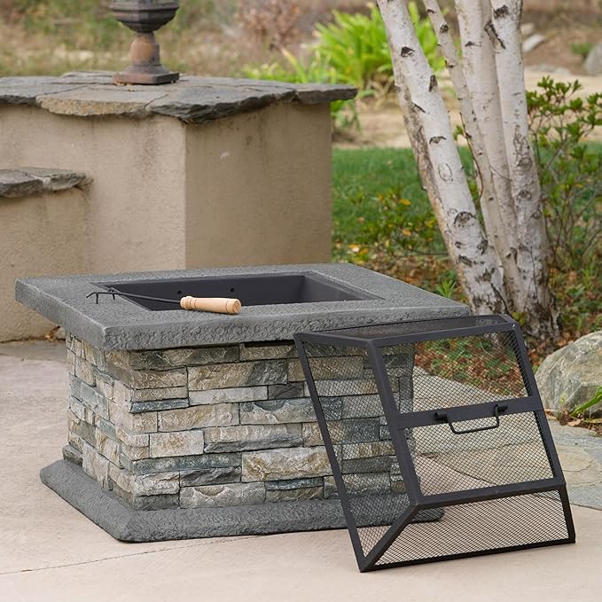 29 Inch Outdoor Fire Pit Table, Wood Burning Fire Pit for Patio with Spark Screen, Fire Poker, MGO Square Fireplaces for Camping, Garden, Backyard, Bonfire Party, Stone Gray