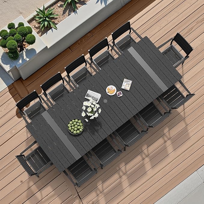 Pellebant 118" Outdoor Dining Table for 8-12, Aluminum Patio Dining Table with Umbrella Hole, Waterproof Wood-Like Tabletop for Lawn Garden Backyard, Black