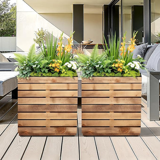 Metal Planter Box Rectangular Planter Box with Drainage Hole, Outdoor Large Planters, All-Weather Use, Rust-Resistance, for Flowers Plants, 17" L × 17" W × 18" H, Dark Walnut