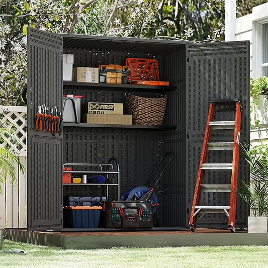 Vertical Resin Storage Shed with 2 Shelves, 60 Cuft Garden Tool Sheds & Outdoor Storage, Plastic Outdoor Storage Cabinet Waterproof, 4.5 x 2.3 ft Backyard Outside Lawn Mower Storage Shed, Grey