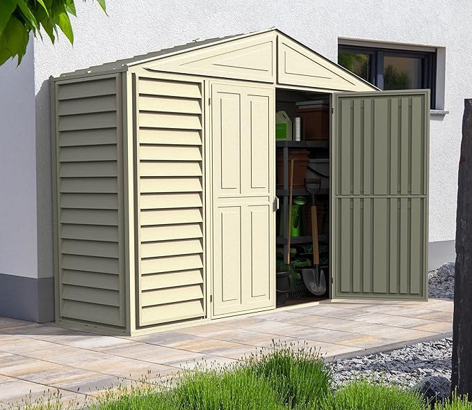 Duramax SidePro 10.5 Ft. x 3 Ft. Vinyl Garden Storage Shed | Made of Fire Retardant PVC Resin, All-Weather, Waterproof Outdoor Solution, Store Bikes, Tools, BBQ, Home Gym | Strong Metal Roof Structure