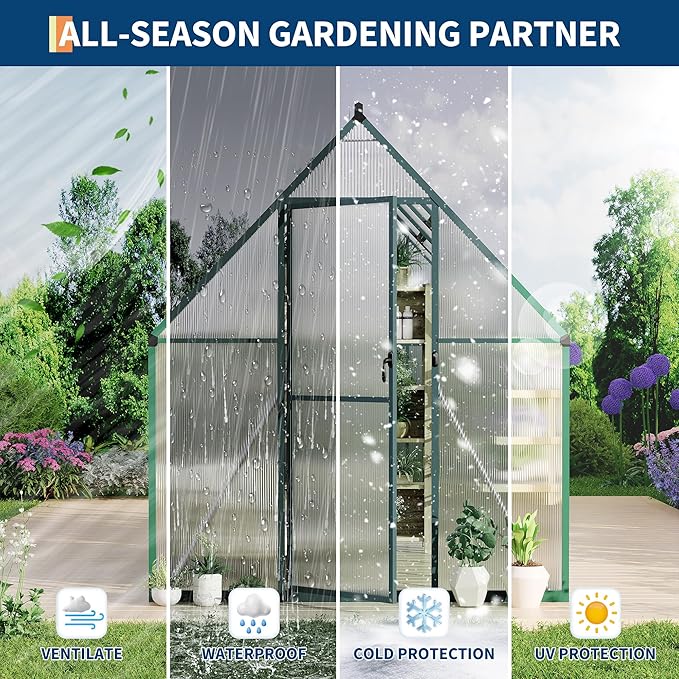 Polycarbonate Greenhouse for Outdoors, Large Walk-InGreenhouse with Quick Setup Structure and Roof Vent, Greenhouse with Ventilation