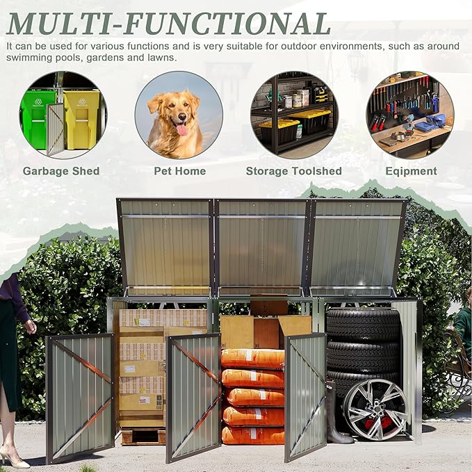 Outdoor Storage Shed Metal Trash Can Storage,120 Cu.Ft Garbage Can Storage Shed W/Lid Chain,Door Bolt & Pneumatic Spring Support Rods,for 3 Trash Bins,Bike,Garden Tools,Light Gray