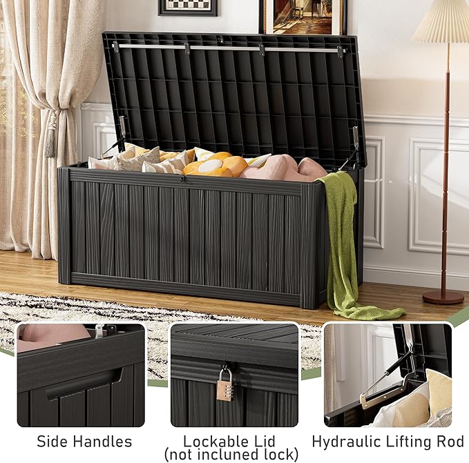 Outdoor Storage Box, Resin Deck Boxes Indoor and outdoor, Waterproof Storage Box Lockable Lid (Black, 150 Gallon)