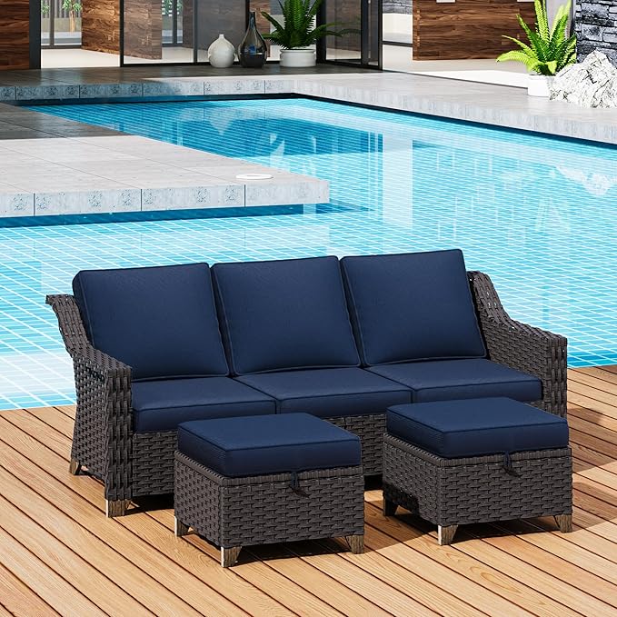 3 Pieces Outdoor Conversation Furniture Set - 77" Patio Sofa, 2 Rattan Wicker Ottomans, Patio Wicker Couch Set with Water-Resistant for Sunroom, Deck, Porch (Navy Blue)