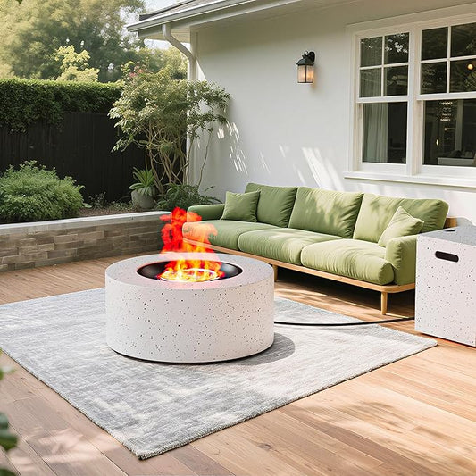 30" Round Propane Fire Pit Table - 50K BTU with Lid, Rocks Tank Storage and Cover - Round Gas Fire Pits for Outside Patio - Outdoor Table with Firepit (White, 30" Round)