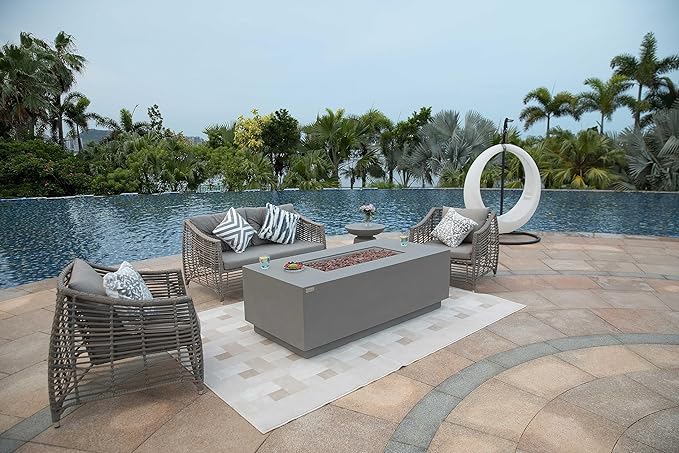 AMS Creations | Sedona Fire Pit Table with Pull-Out Propane Tank Storage Drawer | Concrete Rectangular Propane Fire Pit | Modern Outdoor Furniture | Lava Rock and Fabric Cover Included. (Light Grey)