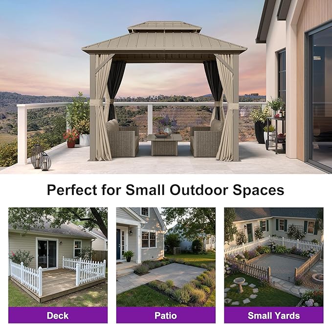 PURPLE LEAF 8' x 10' Outdoor Hardtop Gazebo, Champagne Small Aluminum Gazebo with Galvanized Steel Double Roof, Curtains and Netting for Patio Lawn and Garden