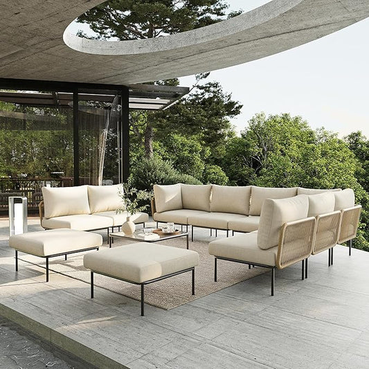 11 Piece Modern Outdoor Rope Wicker Sectional Patio L-Shaped Conversation Sofa Set Deep Seating with Thick Cushions