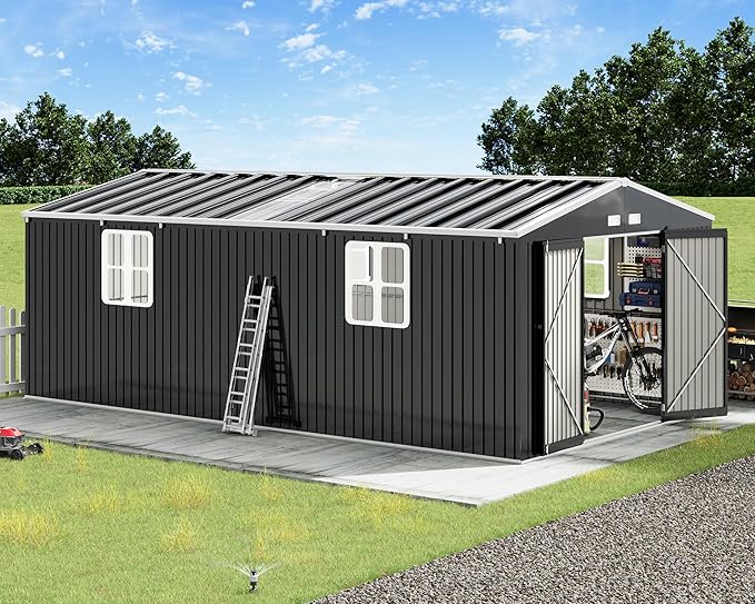 AMERLIFE 12x20x7.2 FT Outdoor Storage Shed with 2 Transparent Panels, Metal Garden Shed with Hinged Double Doors, Windows & Vents, Reinforced Steel Frame for Backyard Garden, DIY Workshop, Dark Gray