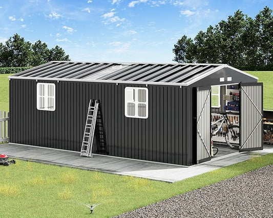 AMERLIFE 12x20x7.2 FT Outdoor Storage Shed with 2 Transparent Panels, Metal Garden Shed with Hinged Double Doors, Windows & Vents, Reinforced Steel Frame for Backyard Garden, DIY Workshop, Dark Gray