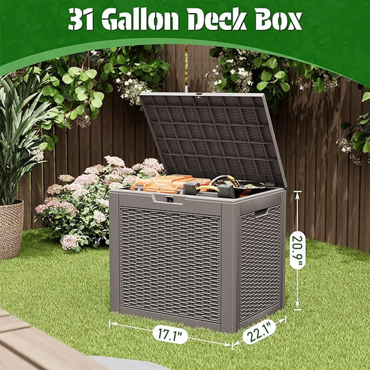 31 Gallon Outdoor Storage Deck Box Waterproof,Garden Tool,Backyard Cushion,Poolside Storage,Small Delivery Boxes for Outside,Lockable Lid,Rattan Grey