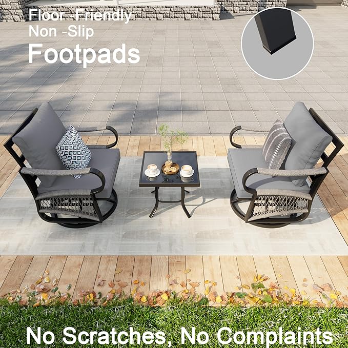 3 Pieces Outdoor Rocking Chairs, 360° Swivel Glider Patio Bistro Sets with Waterproof Cushion Cover, Conversation Furniture Set with Side Table for Porch Balcony Backyard, Gray