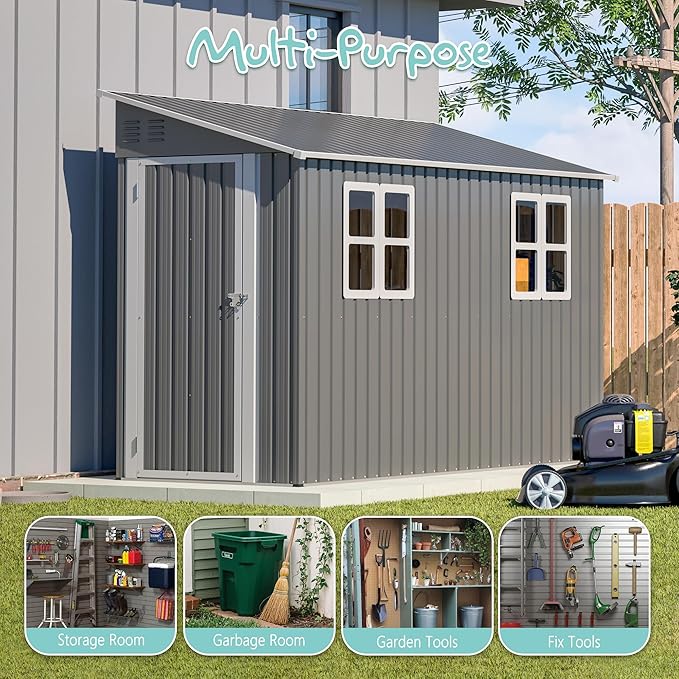 4x10FT Metal Shed with Floor Frame, Lean to Shed with 2 Windows, Outdoor Storage Shed for Garden Backyard Patio, Outside Large Tool Shed for Tools& Bicycle Storage