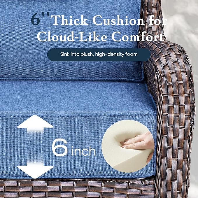 Belord Luxury 6" Thick Cushioned Outdoor Swivel Rocker Patio Chairs of 2, High Back Wicker Patio Furniture Set with Ergonomic Zone Back, Conversation Glider Set for Deck Porch - Brown+Blue