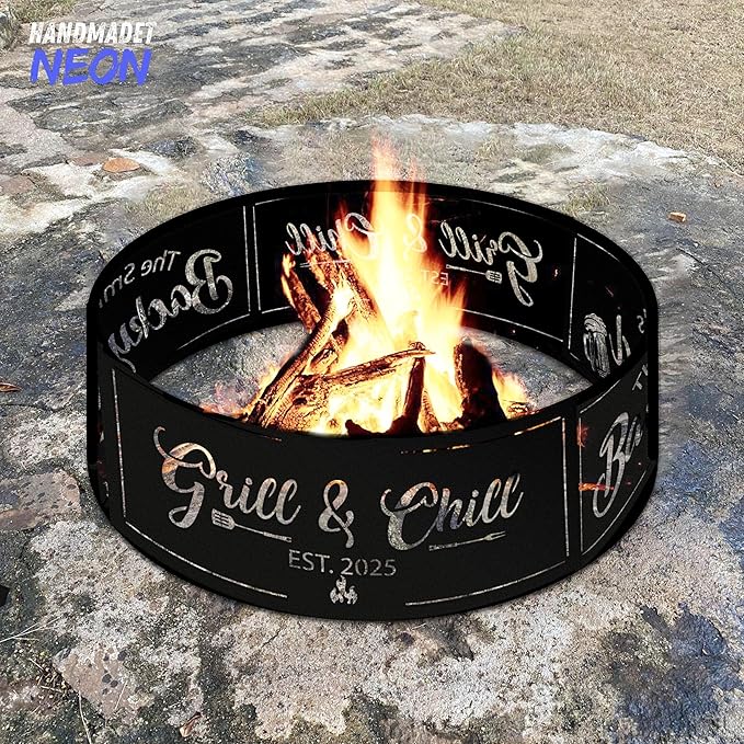 Personalized Grill & Chill Fire Pit Ring 360 Degree, Outdoor Fireplace, Custom Fire Pits for Outside Wood Burning, Patio Firepit, Camping Bonfire Firepits, BBQ Backyard Garden Decor