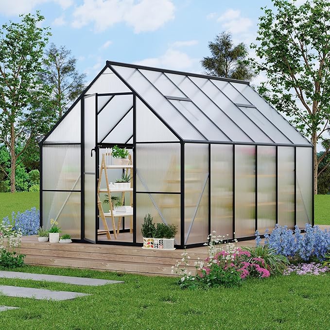 Polycarbonate Greenhouse for Outdoors, Large Walk-InGreenhouse with Quick Setup Structure and Roof Vent, Greenhouse with Ventilation and Rain Gutter