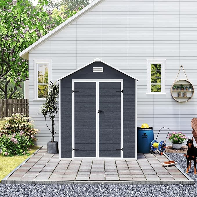 6X6 FT Resin Outdoor Storage Shed, Plastic Garden Sheds with Waterproof Roof & Air Vent,Outside Patio Storage House Tool Shed with Window &Lockable Door for Backyard, Lawn, Dark Grey