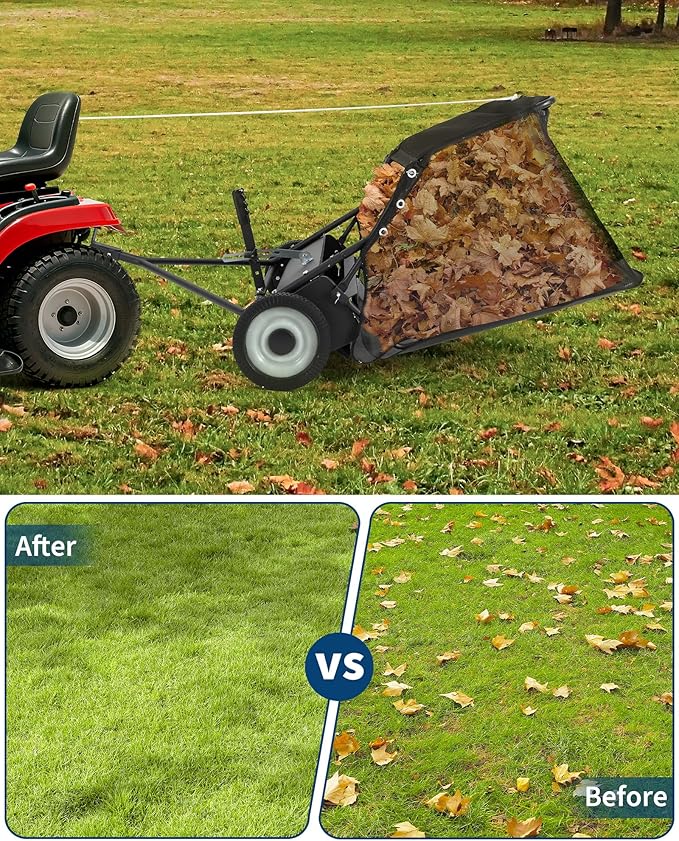 42" Lawn Sweeper Tow Behind, 21 Cu.Ft Capacity Pull Behind Yard Sweeper Large Leaf Collector, Leaf & Grass Catcher with Adjustable Brush Height & Dump from Seat Handle for Yard, Farm, Garden