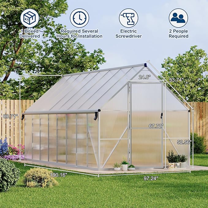 Polycarbonate Greenhouse for Outdoors, Large Walk-InGreenhouse with Quick Setup Structure and Roof Vent, Greenhouse with Ventilation