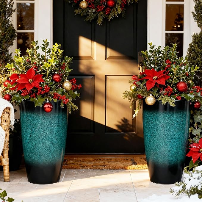 23.75" H Large Tall Outdoor Planters, Set of 2 Plastic Large Flower Pots for Outdoor Plants, Weather-Resistant for Porch, Garden, Patio or Indoor All Season Decor, Gradient Turquoise Finish